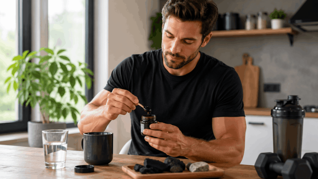 un homme prenant son Shilajit primal supplements