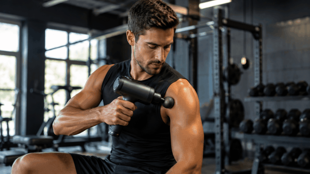un homme utulisant son pistolet jolt ou theragun