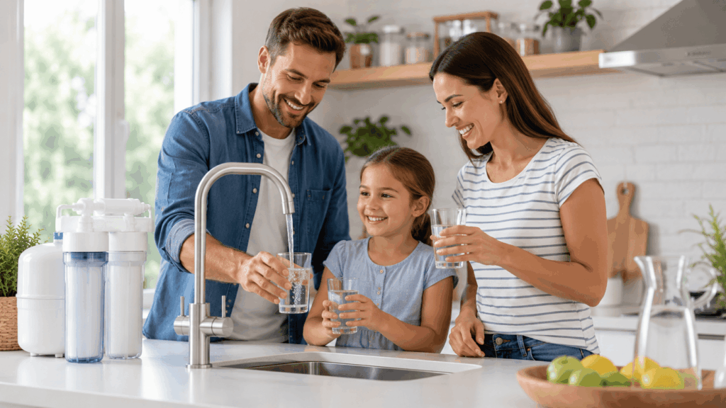 une famille profitant d'une eau sain grace a son système de filtration d'eau domestique
