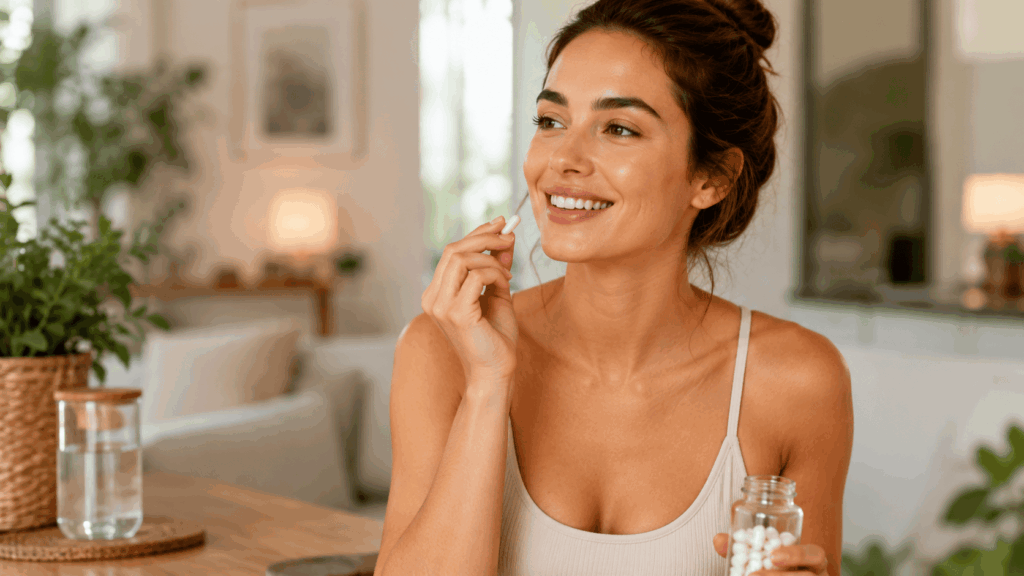 une femme prenant son complexe hyaluronique nutrivie
