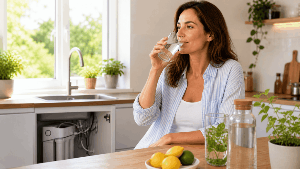 une femme profitant de l'eau fraiche grace au filtre à eau & purificateur de la marque mywater