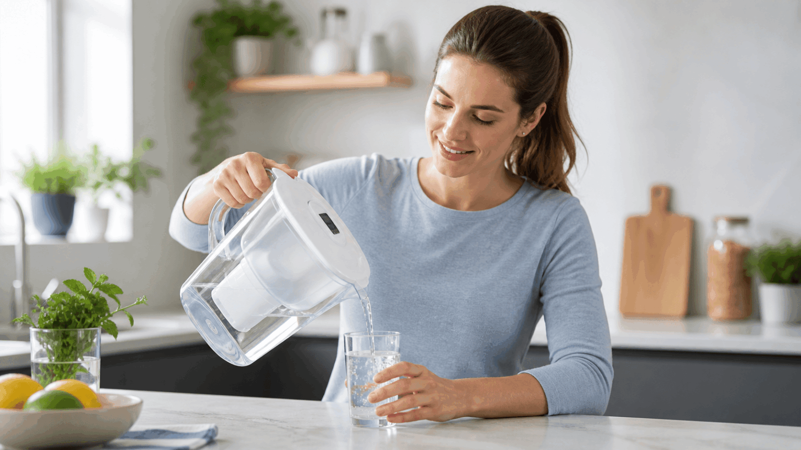 une femme profitant de son eau de qualité grace a la carafes Brita