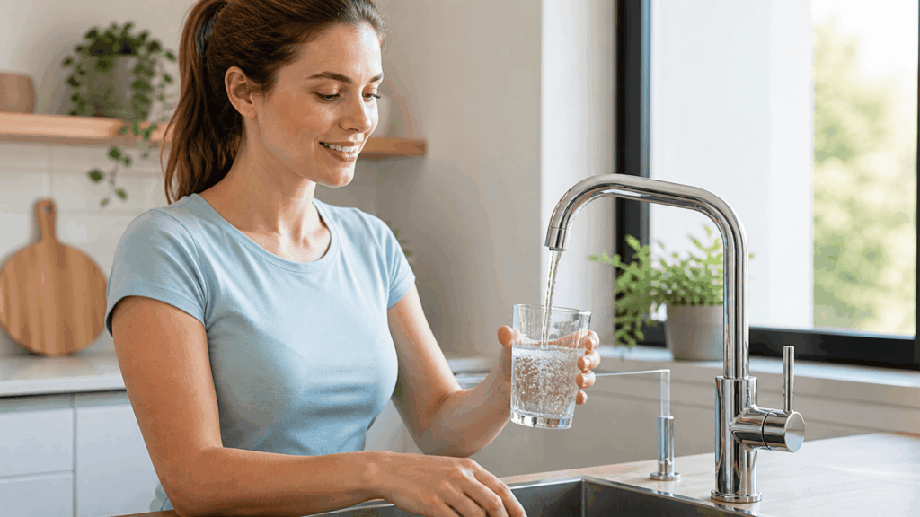 une femme profitant de son eau grace a son bwt aqa pura
