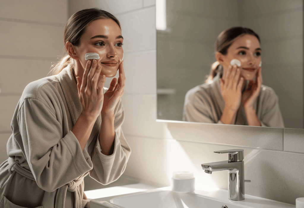 une femme utulisant sa crème hydratante skin and out