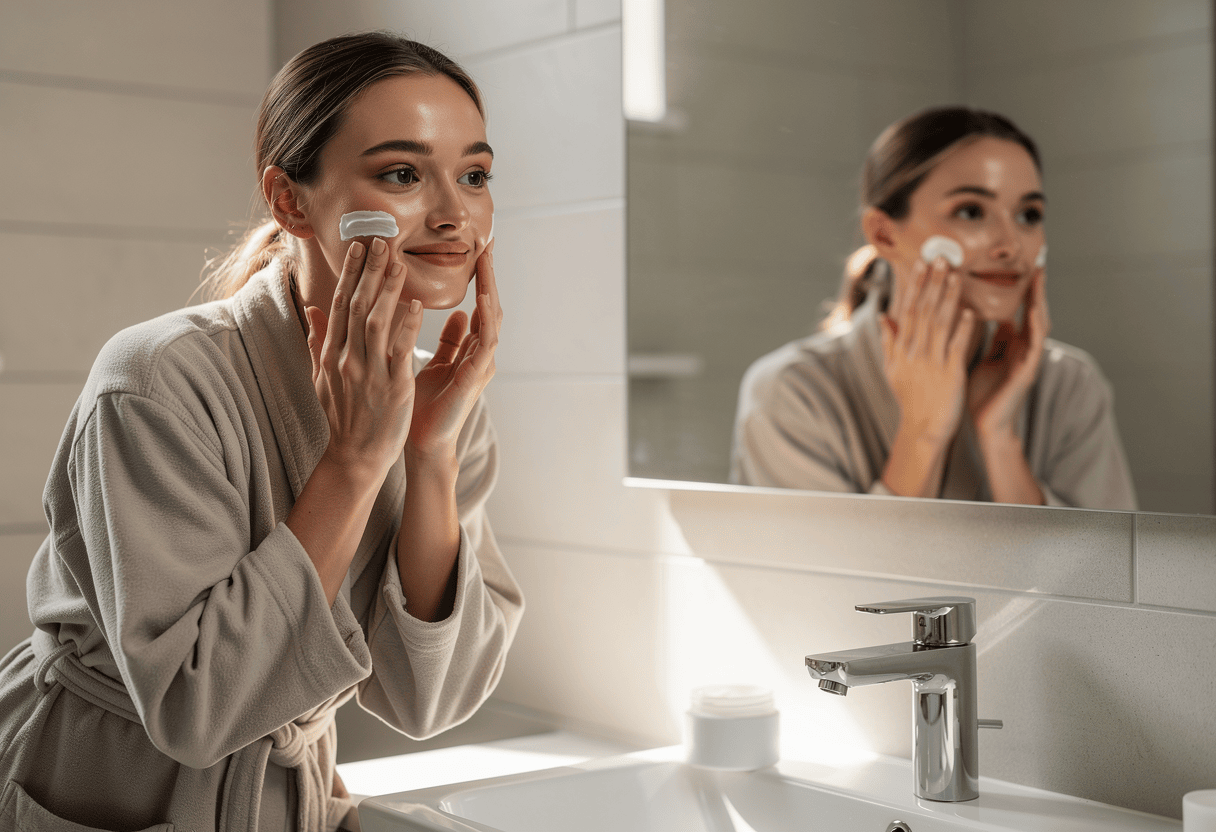 une femme utulisant sa crème hydratante skin and out