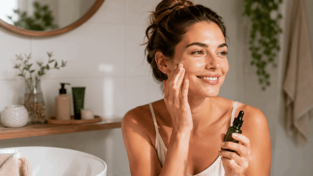 une femme utulisant sa rotine de la marque la marque skin and out