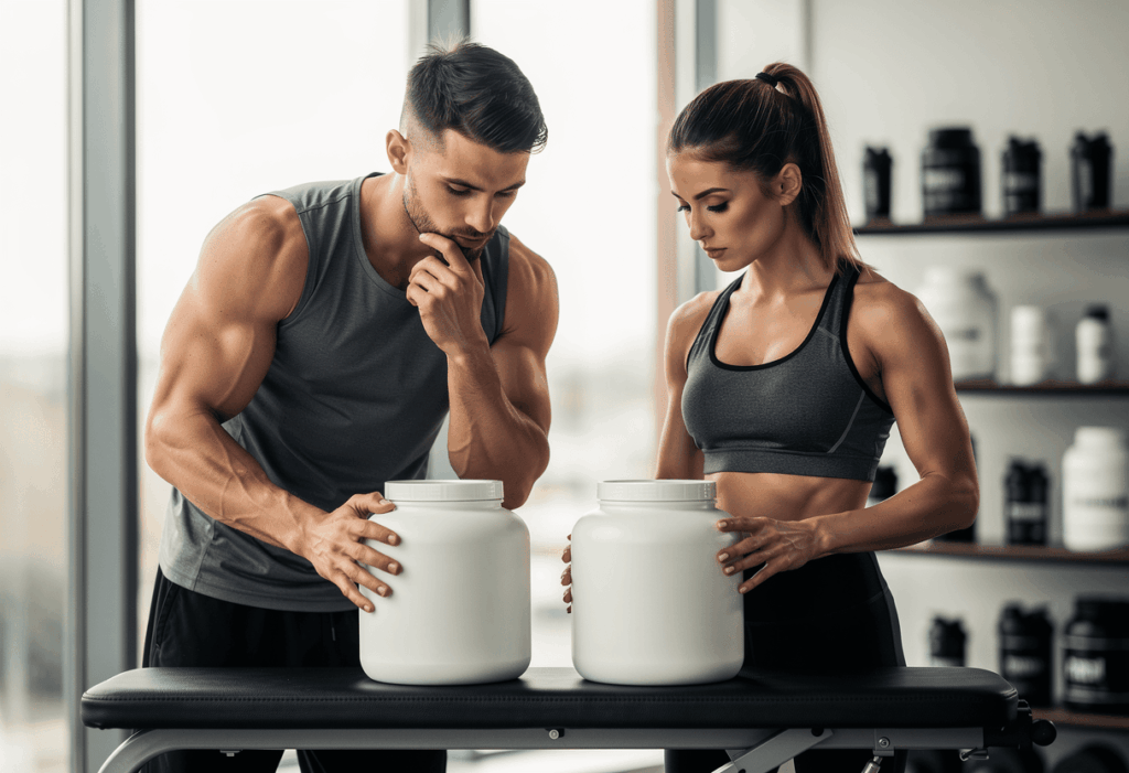 Consommateur choisissant entre les deux options myprotein ou am nutrition