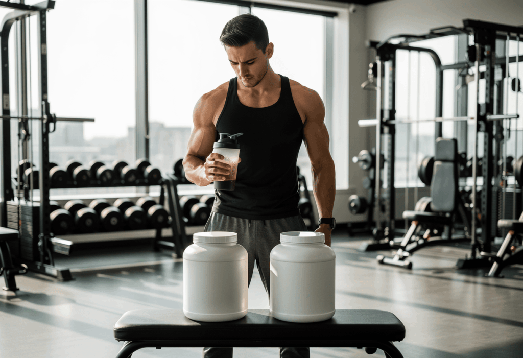 Sportif choisissant sa protéine myprotein ou prozis