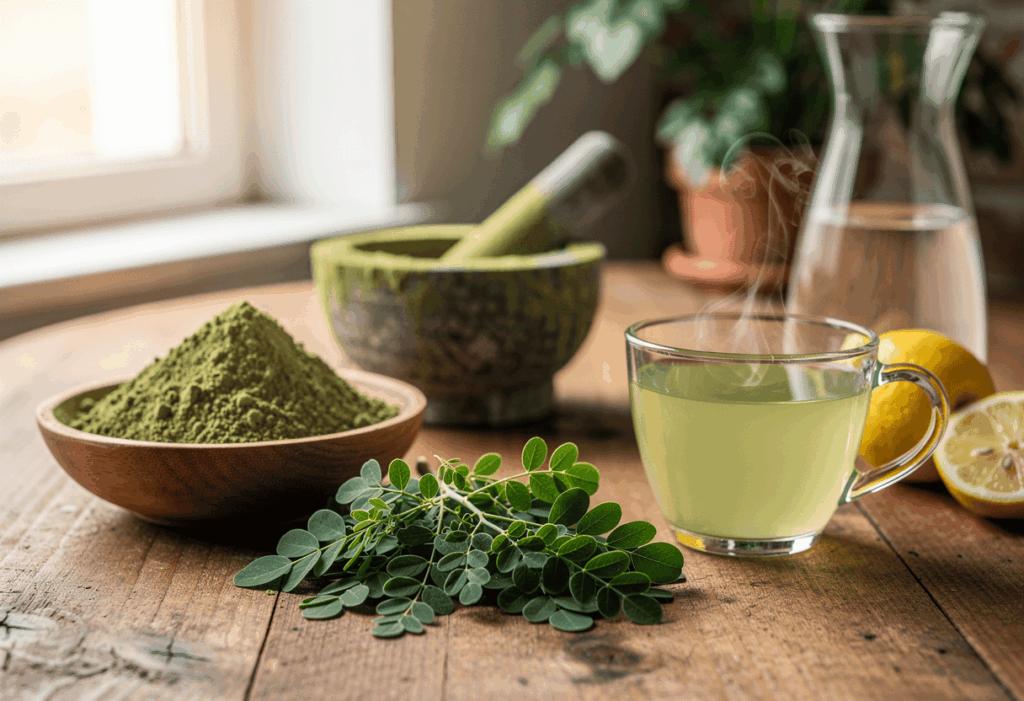 feuilles fraîches de moringa, de poudre de moringa dans un bol en bois et de gélules de moringa