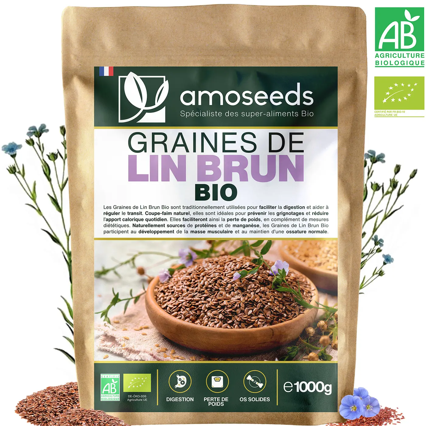 Amoseeds Graines Lin Brun Bio 1kg lignanes