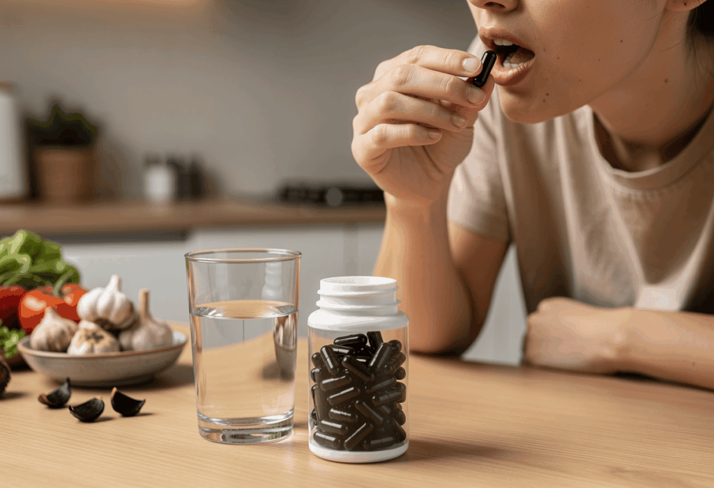 personne entrain de prendre de l'ail noir en gélules