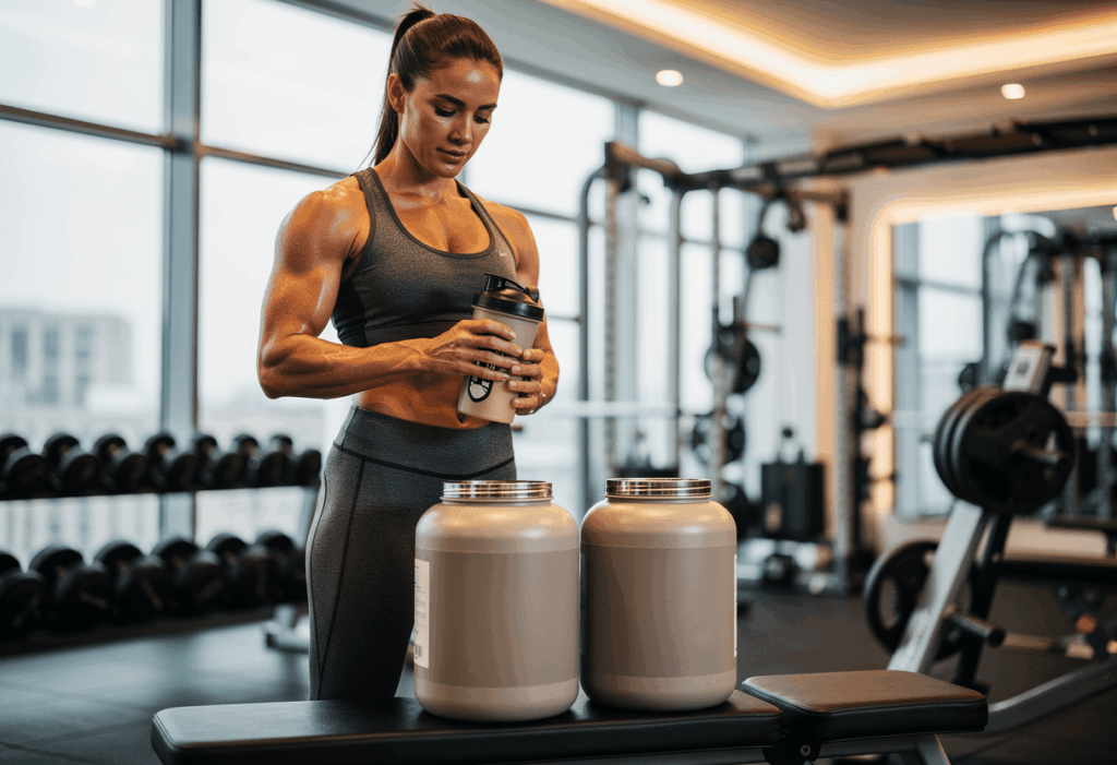 une sportive préparant un shaker de protéines de compléments nutrimuscle ou biotech