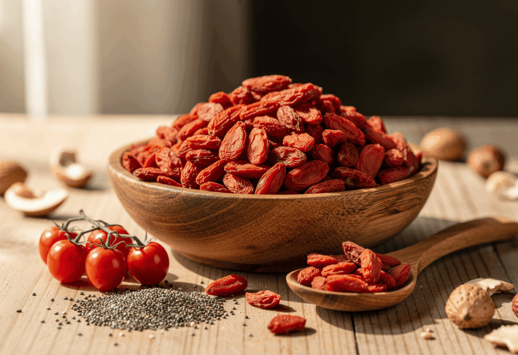 Les baies de goji en mise en scène naturelle