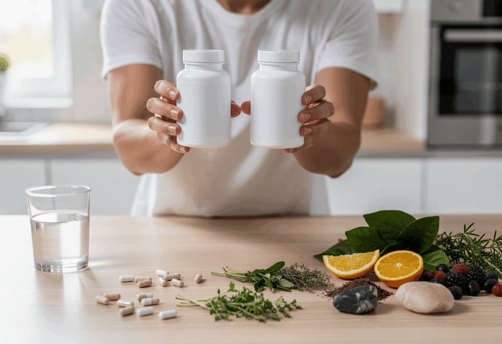 Une personne comparant deux compléments alimentaires nutri&co et novoma