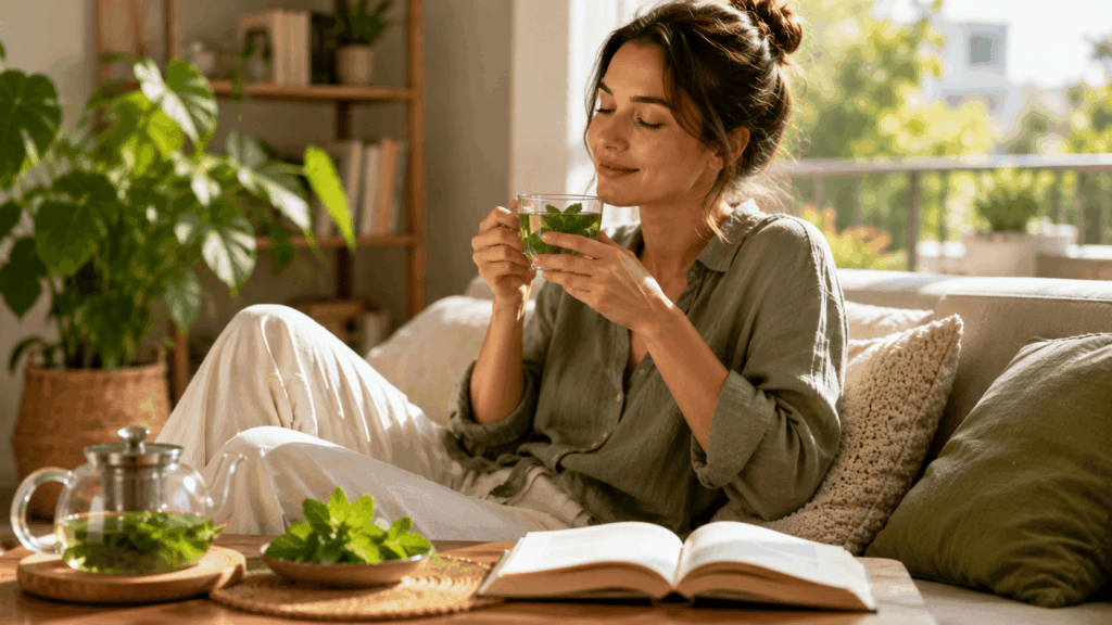 Une routine bien-être avec une infusion de menthe poivrée