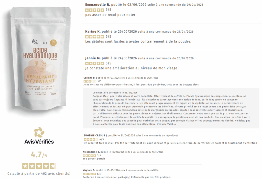 avis des clients sur valebio acide hyaluronique