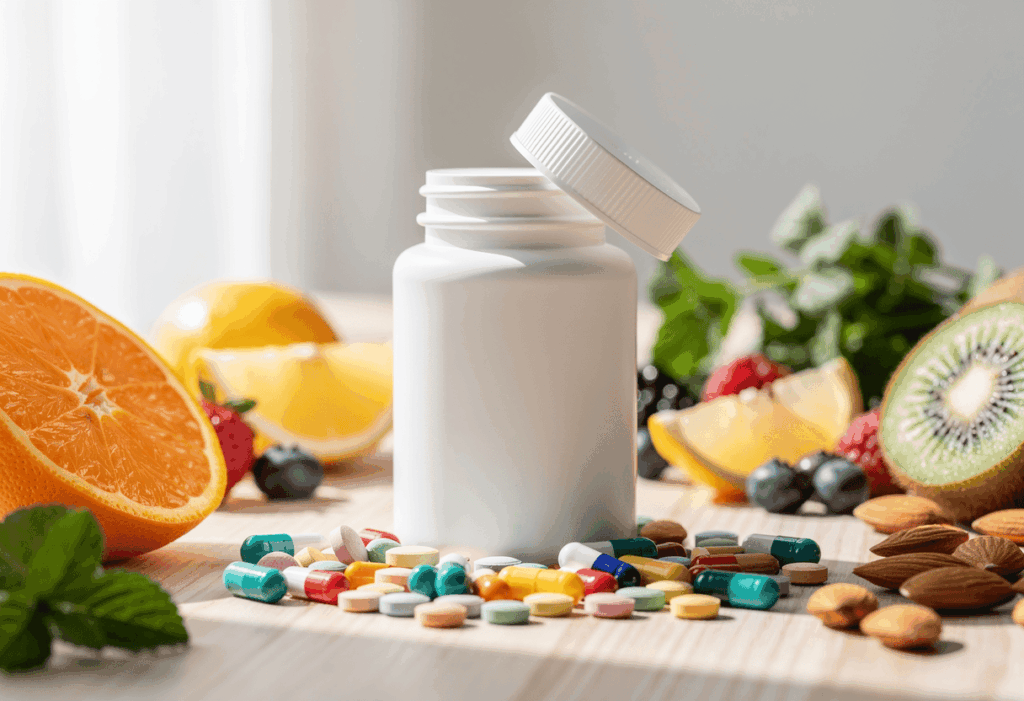 flacon de multivitamines posé sur une table en bois à côté d'un verre d'eau, de fruits frais
