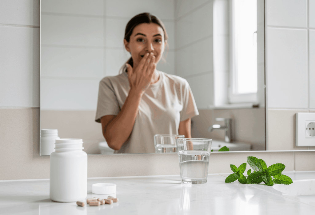 flacon de probiotiques sans marque visible posé sur une table en bois