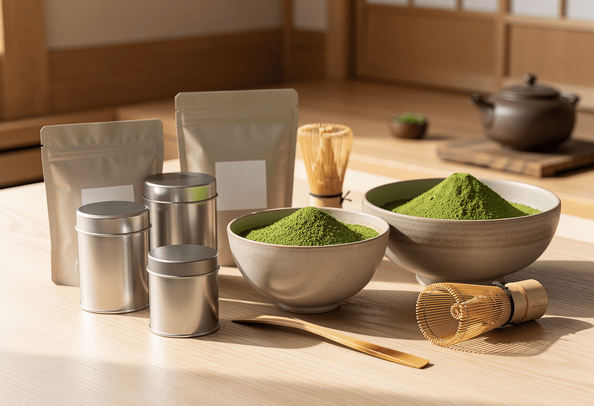plusieurs boîtes ou sachets de thé matcha au design neutre, sans marque