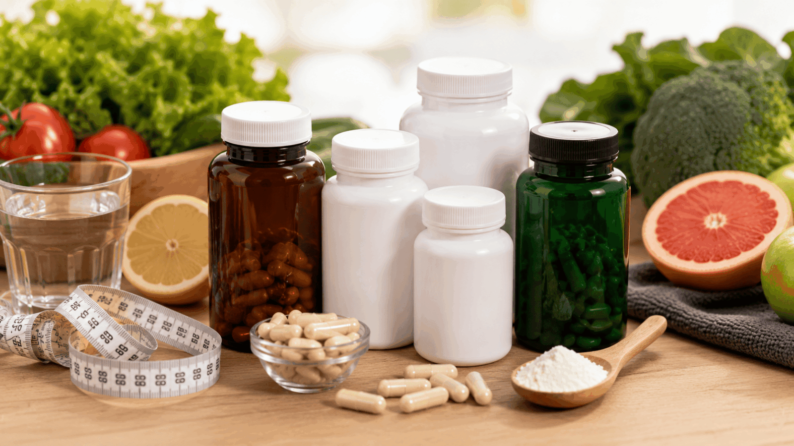 plusieurs compléments alimentaires à base de chitosan disposés sur une table en bois clair