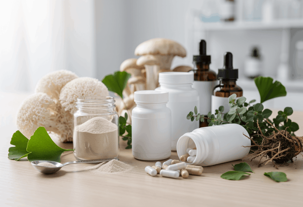 plusieurs compléments alimentaires nootropiques présentés sur une table en bois clair