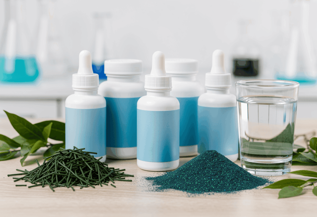 plusieurs flacons et bouteilles de compléments à base de phycocyanine