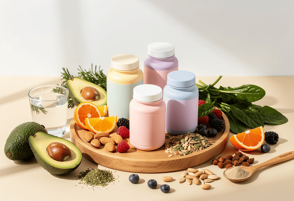 plusieurs flacons et sachets de compléments alimentaires collagène vegan