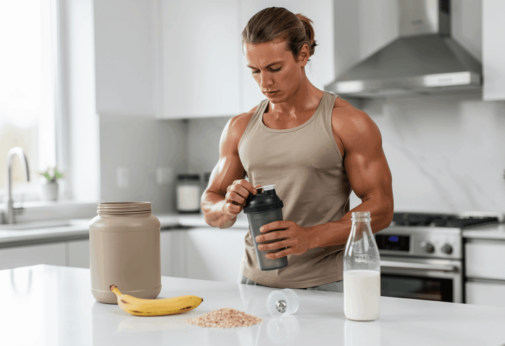 un sportif ou d'une sportive dans une cuisine moderne préparant un shaker protéiné