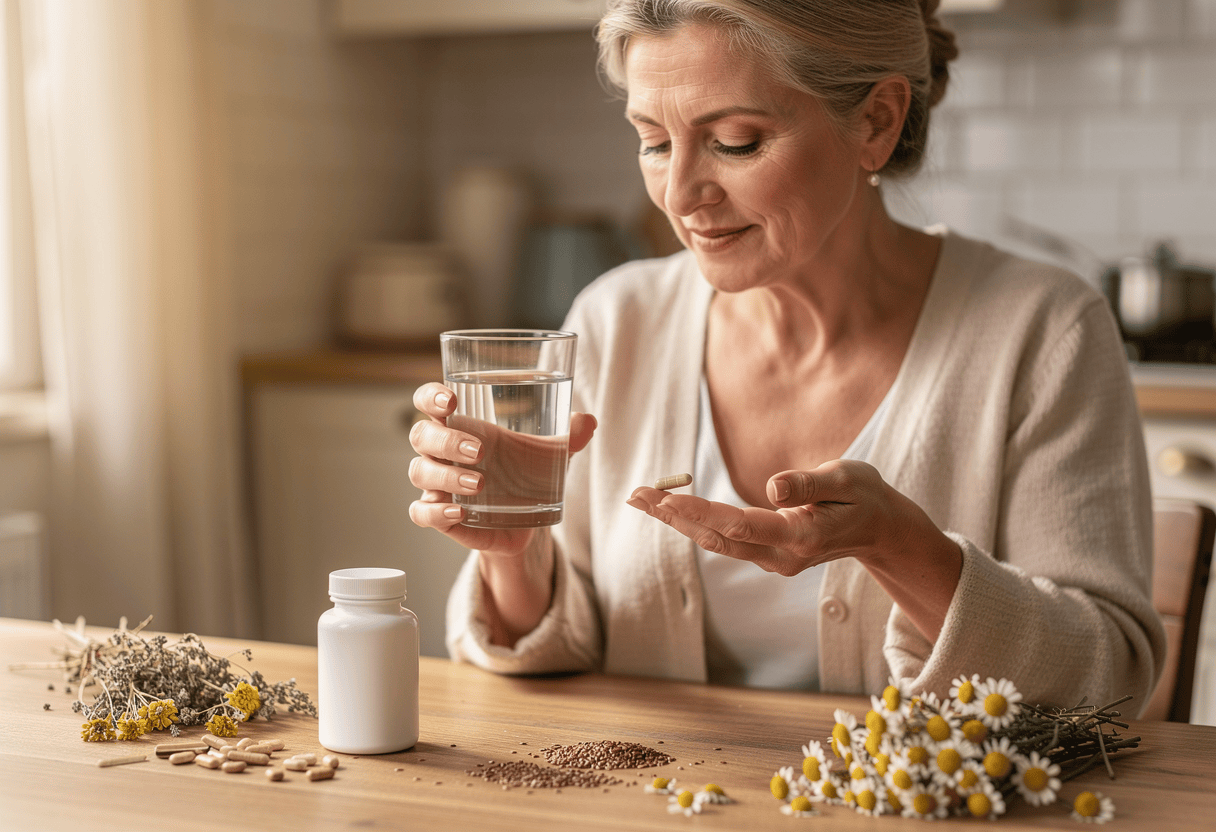 une femme entrain de prendre valebio ménopause