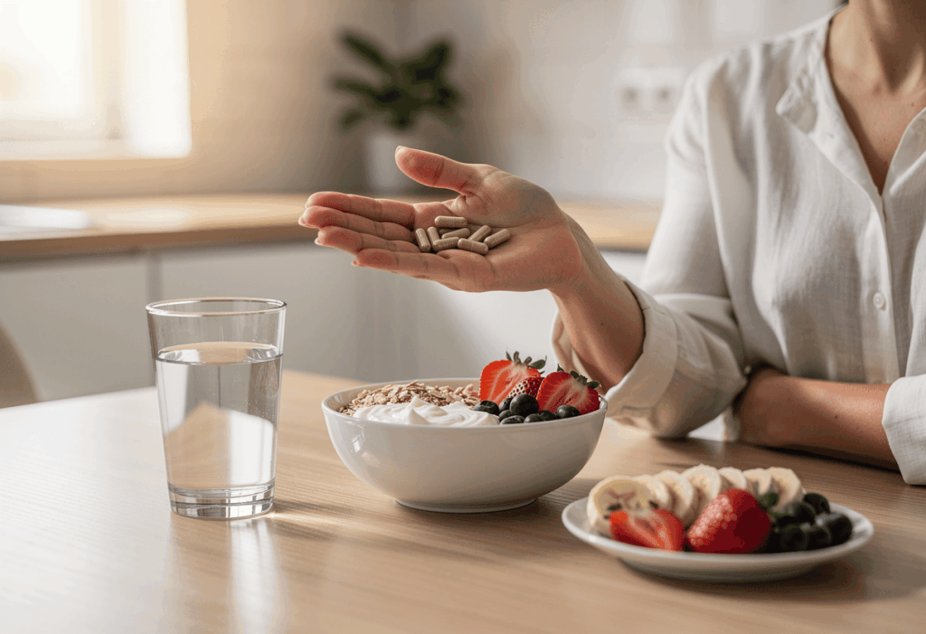une personne adulte adoptant une routine bien-être avec des compléments alimentaires