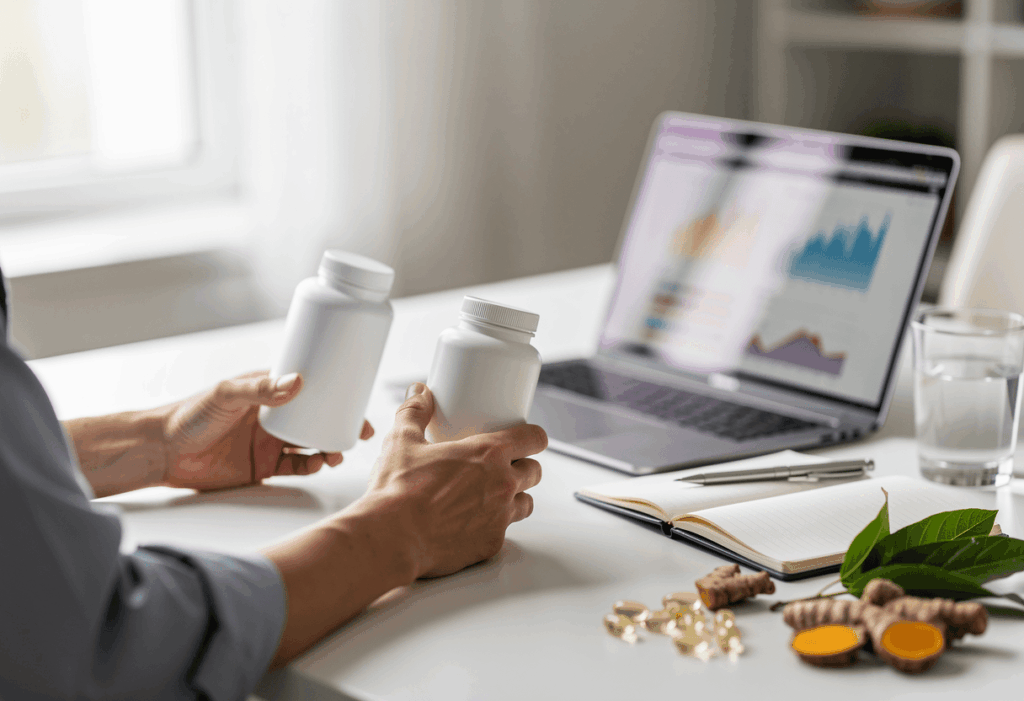 une personne comparant deux flacons génériques de compléments alimentaires