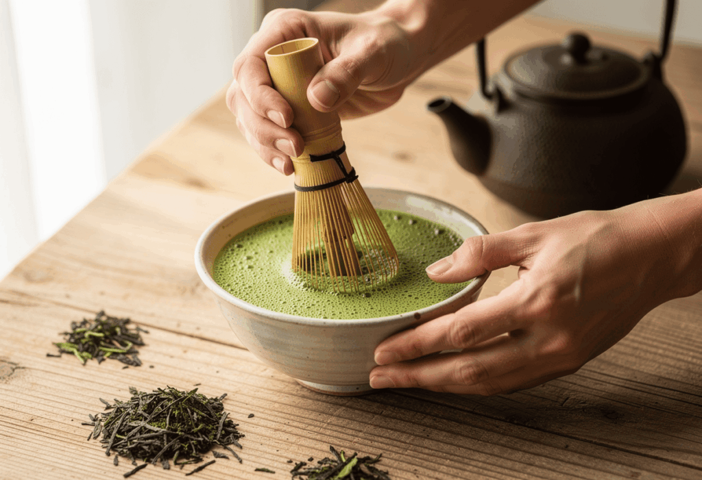 une personne préparant un thé matcha selon la méthode traditionnelle japonaise