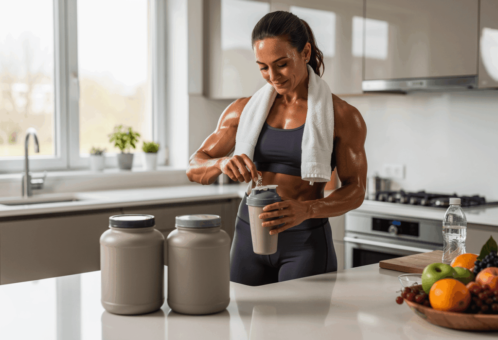 une personne sportive dans une cuisine moderne préparant un shaker protéiné