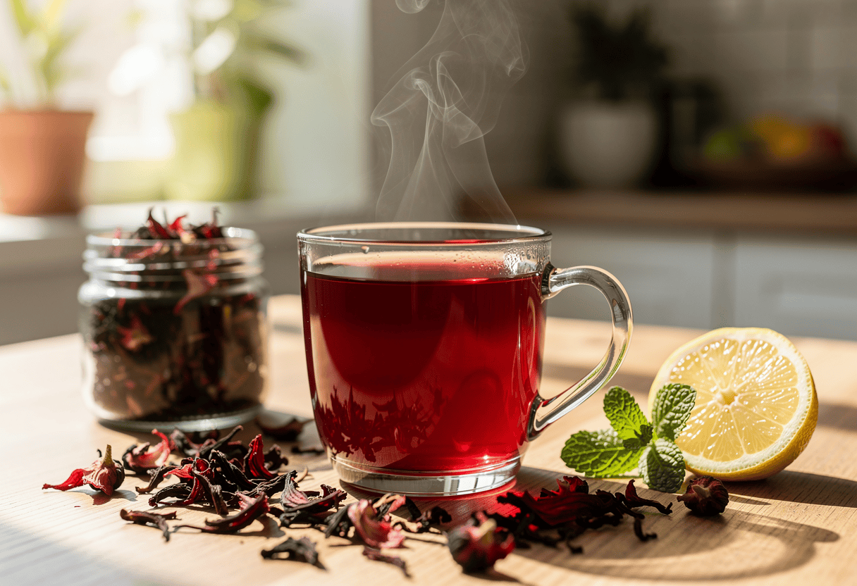 une tasse en verre remplie d'une infusion d'hibiscus rouge intense