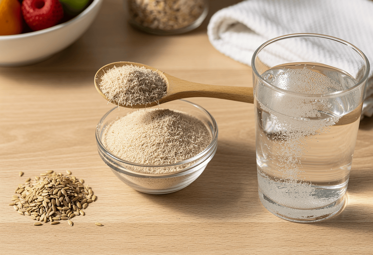 Des téguments de psyllium blond, de la poudre et des gélules de psyllium présentés dans des bols en bois sur une table en bois clair