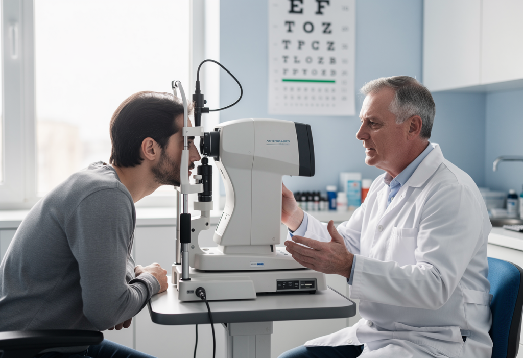 Un ophtalmologiste réalisant un examen de la vue sur un patient avec un appareil de mesure moderne dans un cabinet médical