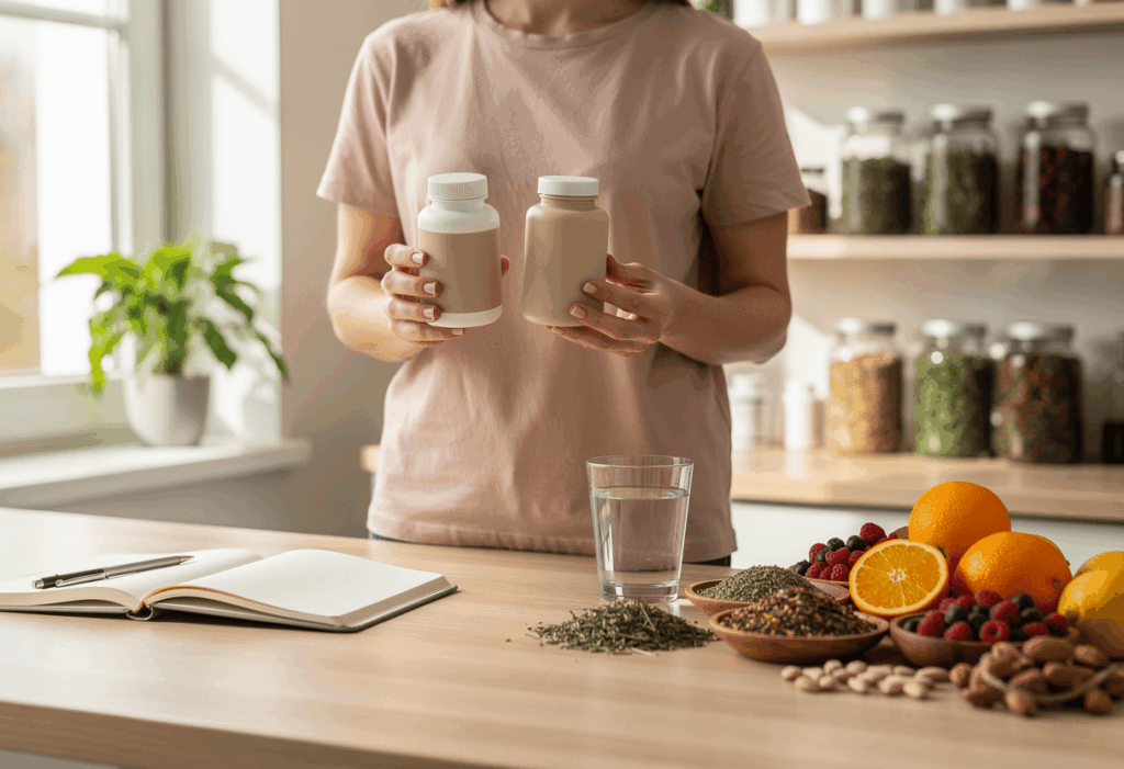 Une personne comparant deux flacons de compléments alimentaires dans une cuisine moderne ou une pharmacie naturelle