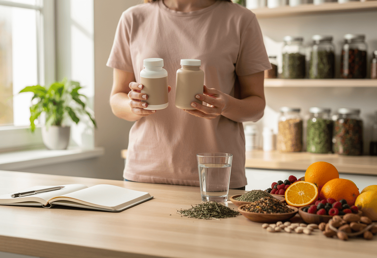 Une personne comparant deux flacons de compléments alimentaires dans une cuisine moderne ou une pharmacie naturelle