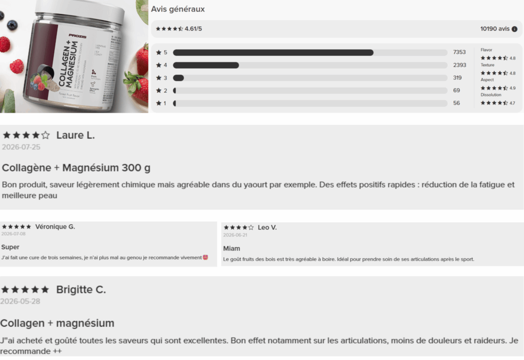avis des clients sur le collagène magnésium prozis