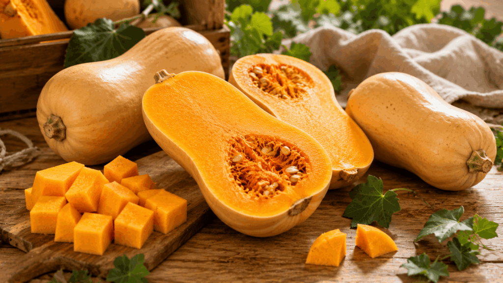 plusieurs courges doubeurre (butternut) fraîches sur une table en bois dans une cuisine lumineuse