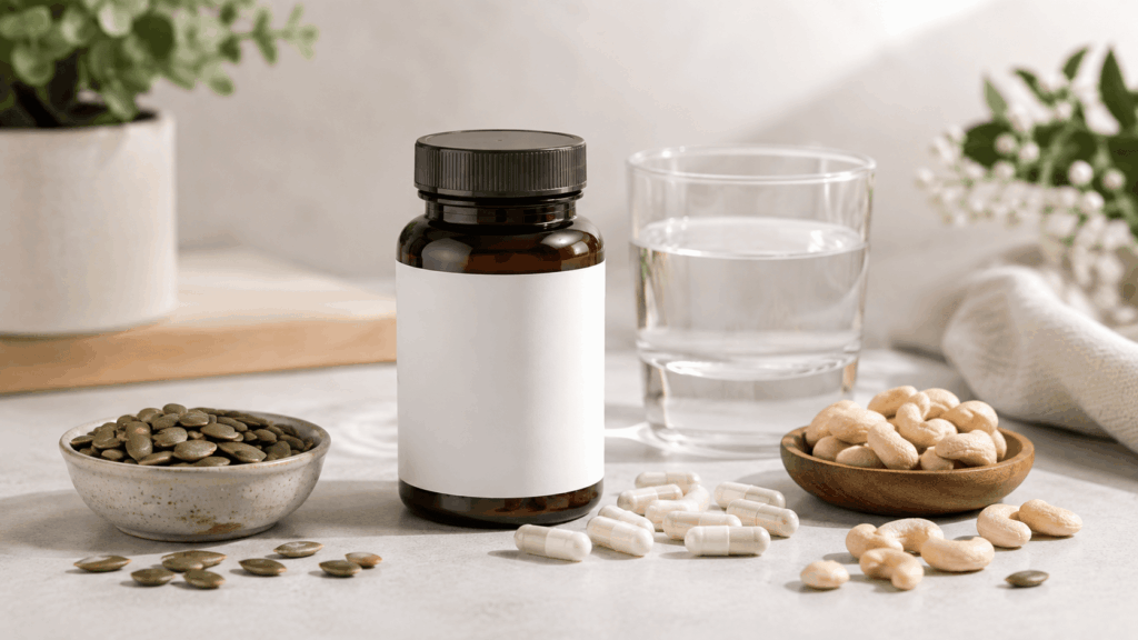 un flacon de complément alimentaire au zinc sous forme de citrate, posé sur une surface claire
