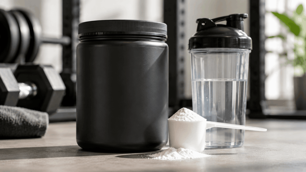 un pot de créatine monohydrate en poudre posé sur une table dans un environnement sportif moderne