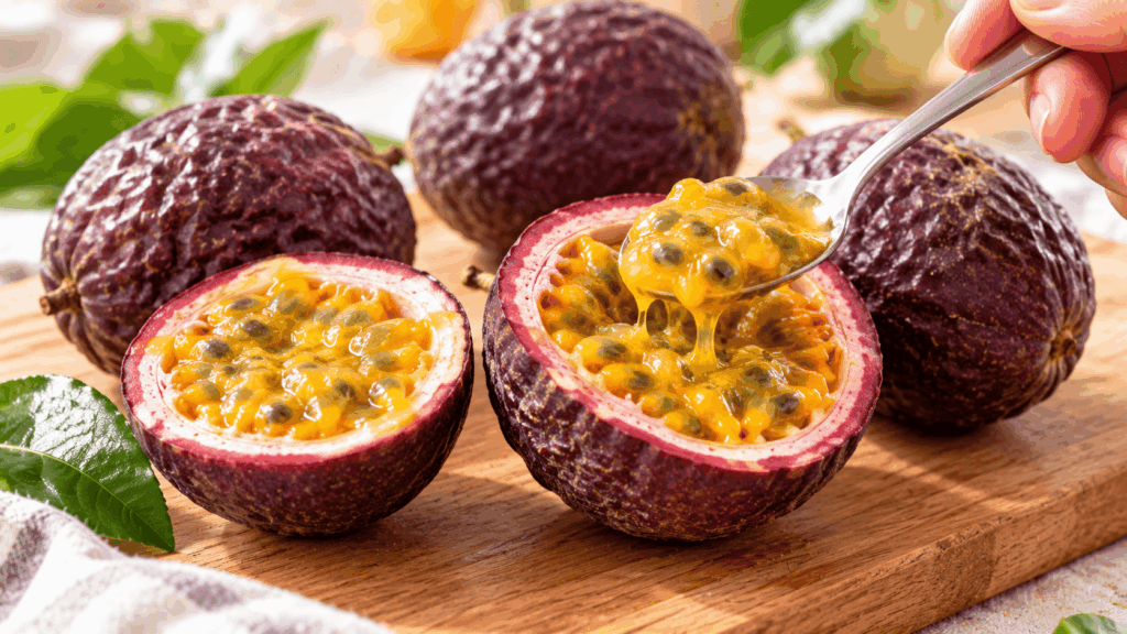 Fruit de la passion ouvert et prêt à être dégusté