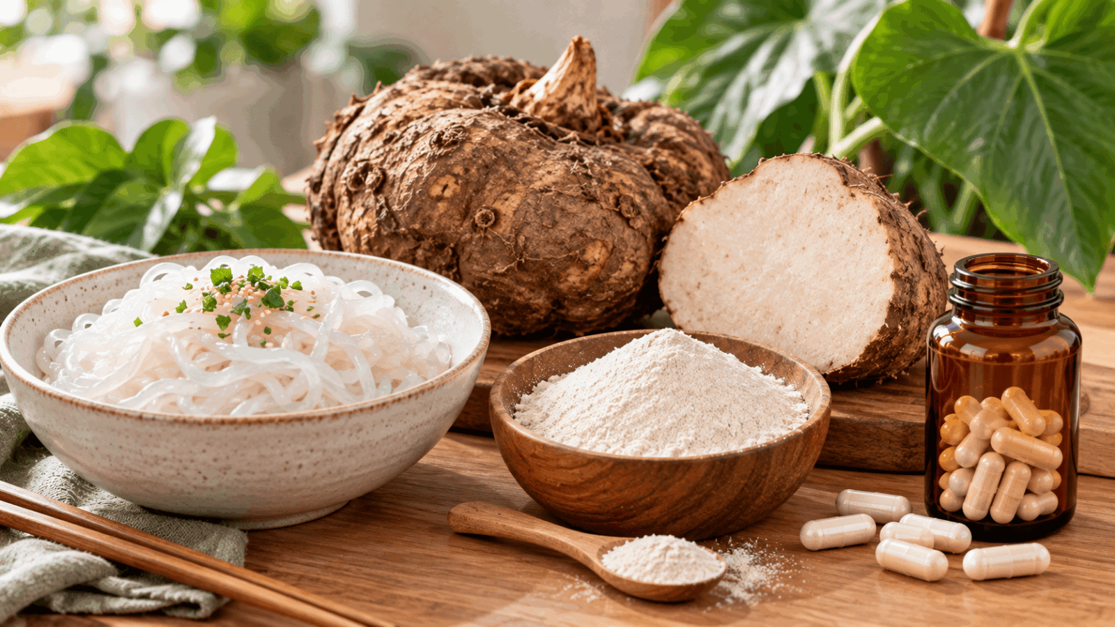 Le konjac tubercule, farine, nouilles et gélules