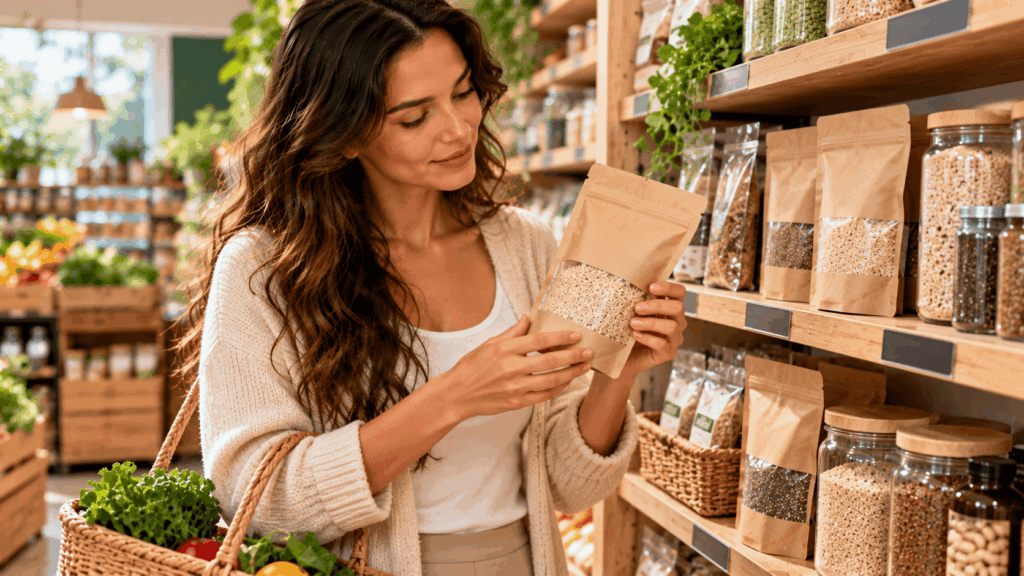 Une femme achetant du psyllium blond dans un magasin bio