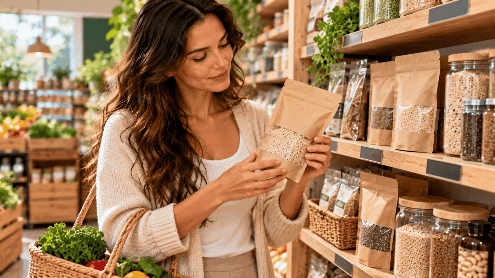 Une femme achetant du psyllium blond dans un magasin bio