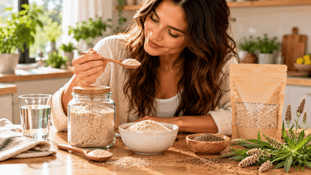 Une femme découvrant le psyllium blond et ses différentes formes