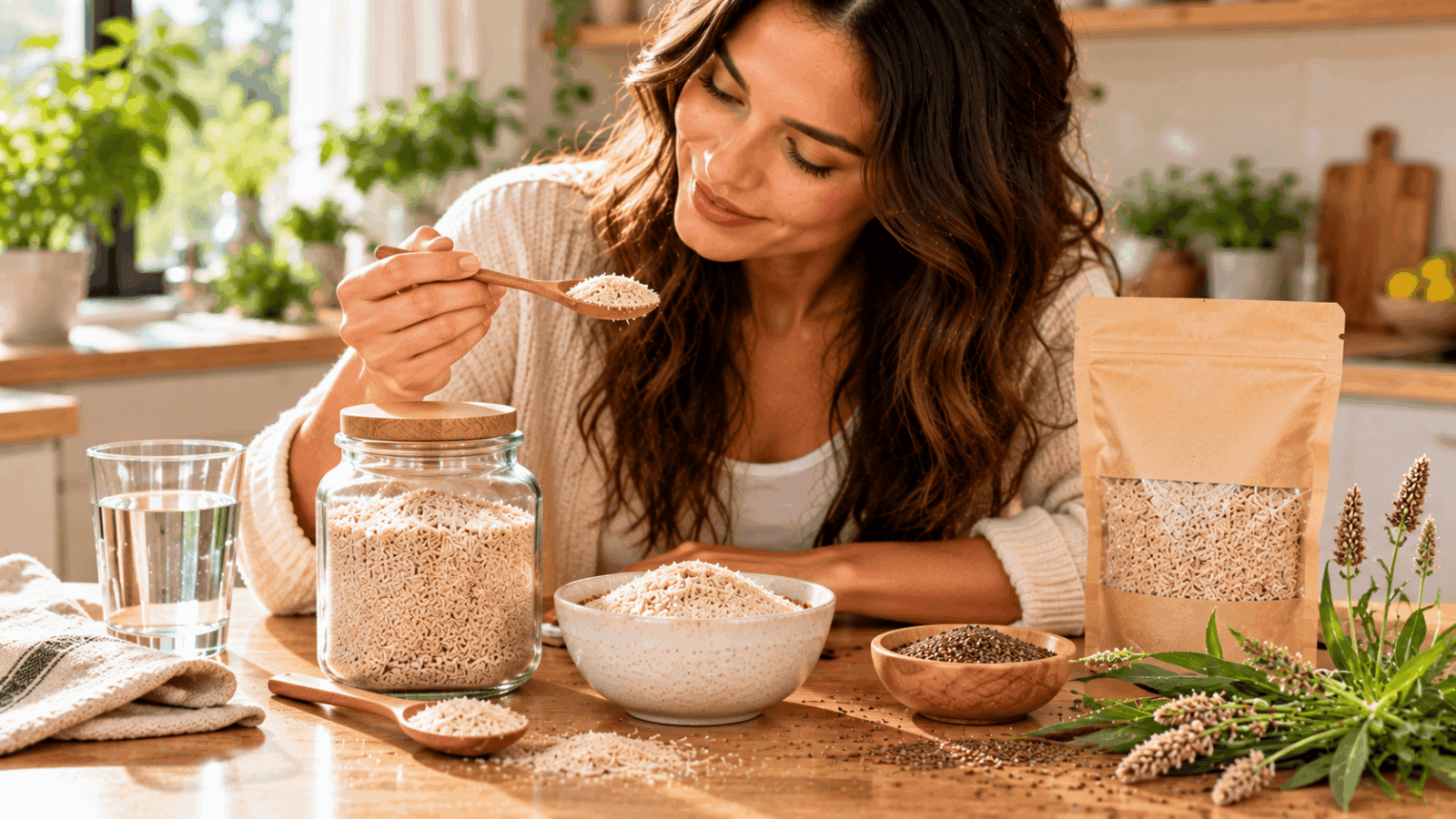 Une femme découvrant le psyllium blond et ses différentes formes