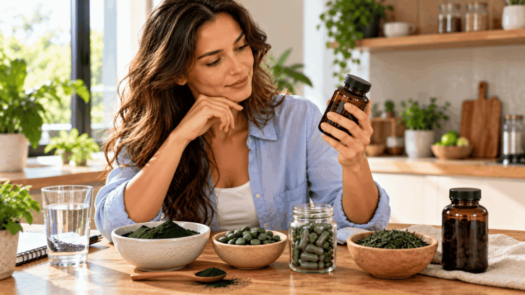Une femme découvrant les différentes formes de spiruline