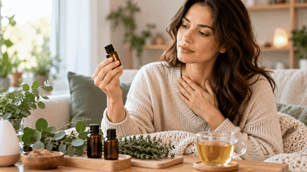 Une femme découvrant les huiles essentielles pour la toux